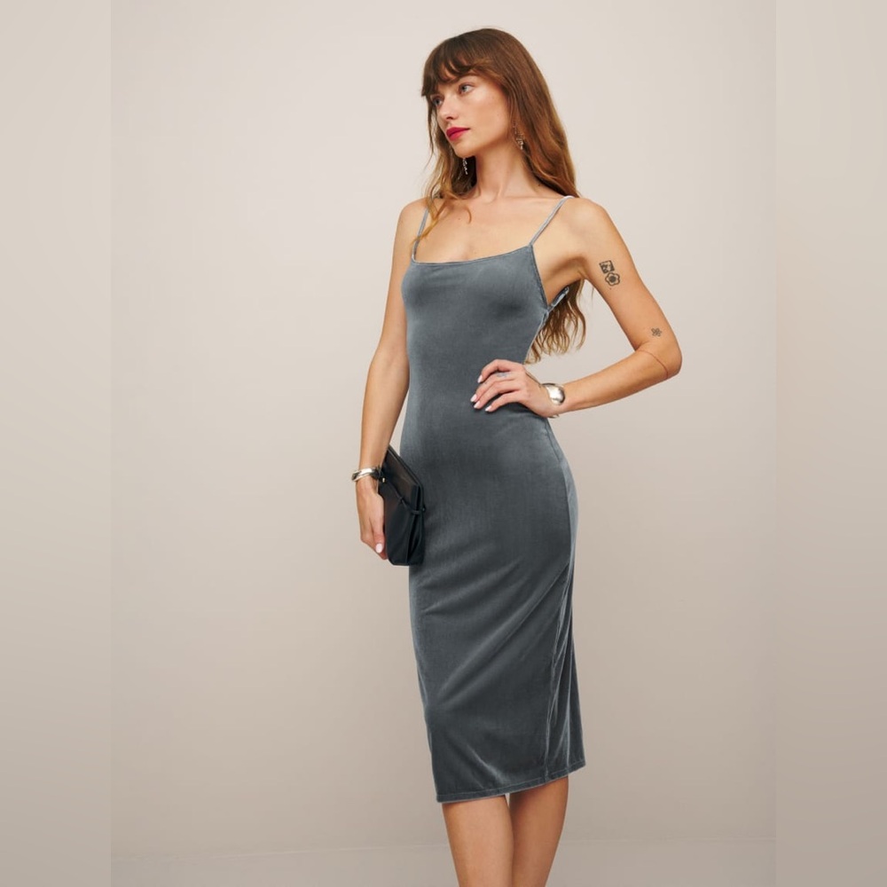 Reformation Merle Velvet Midi Slip Dress Silver Grey Gray Sleeveless Knee Length